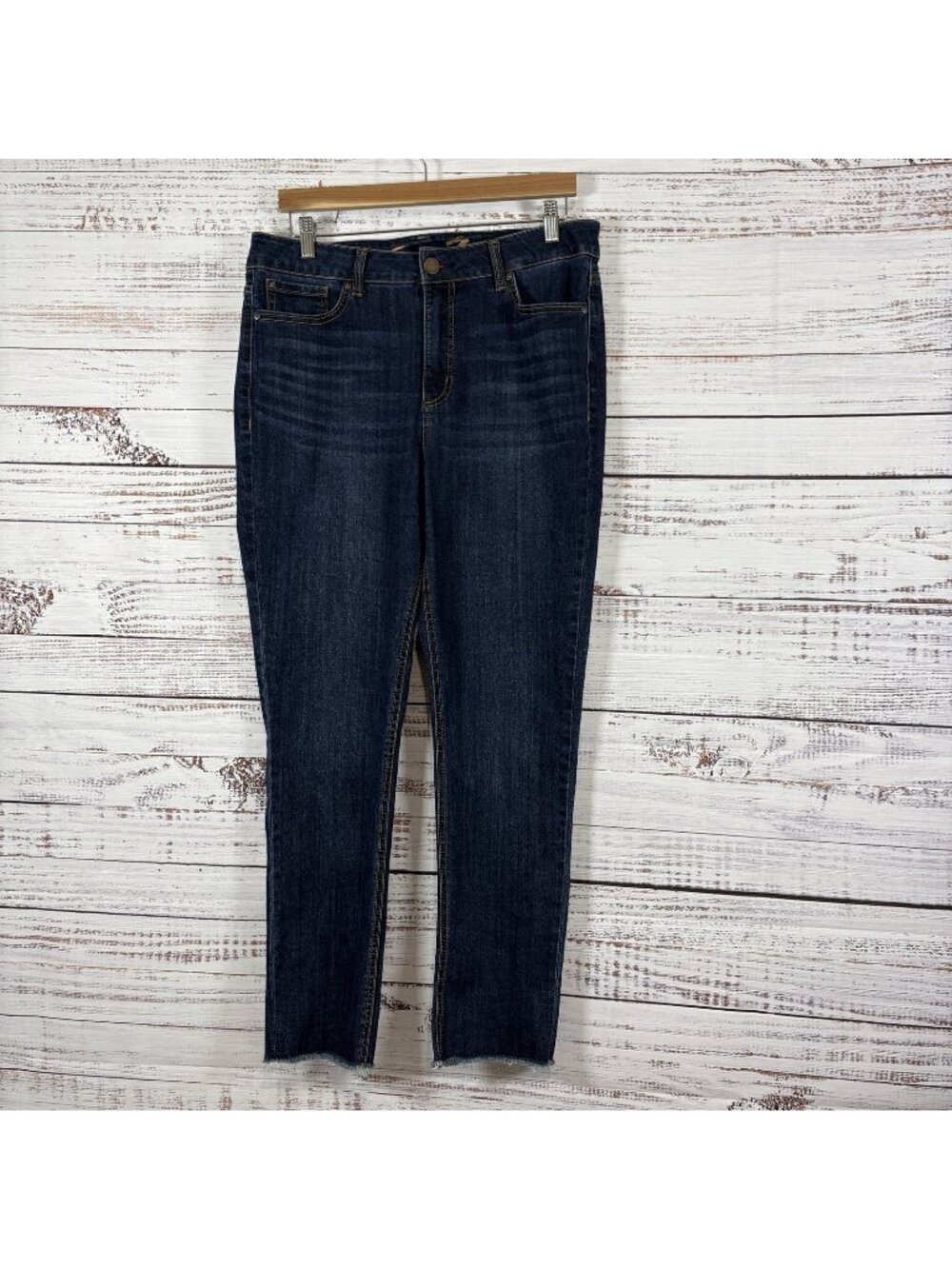 Seven7 Blue High Rise Slim Straight Medium Wash Raw Hem Jeans
